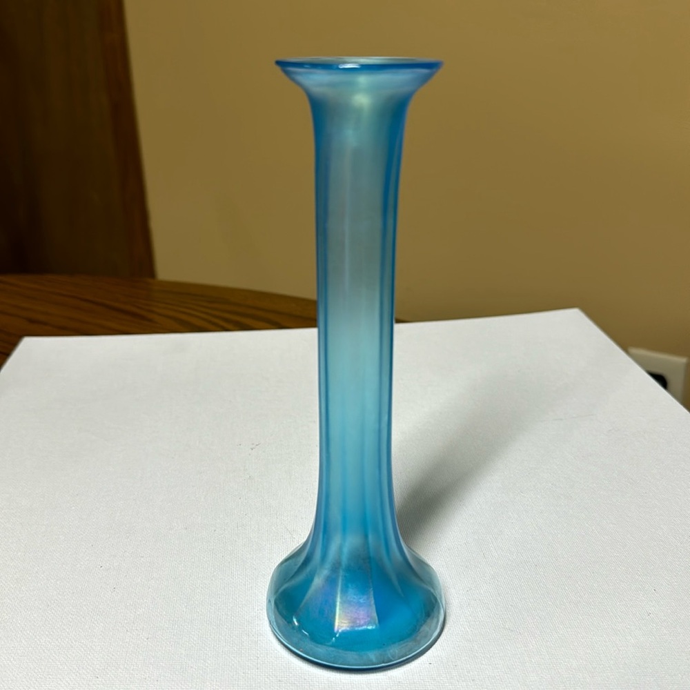 Dugan Diamond Celeste Blue Ribbed Stretch Glass Bud Vase Circa 1920s